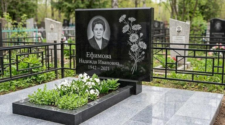 Памятник с гравировкой ромашек — выполненная работа «Ефимова» в Мурманске