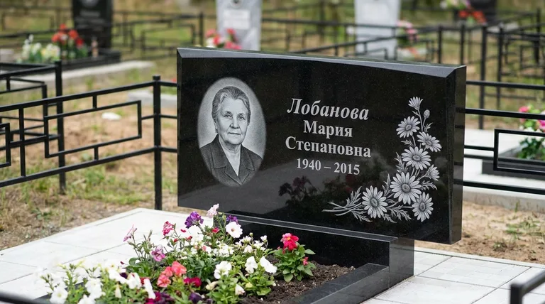 Памятник с гравировкой ромашек — выполненная работа «Лобанова» в Мурманске