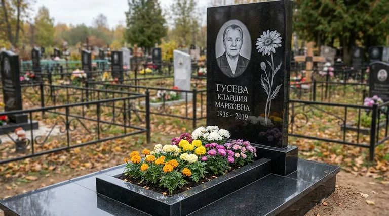 Памятник с гравировкой ромашек — выполненная работа «Гусева» в Мурманске