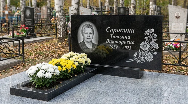 Памятник с гравировкой ромашек — выполненная работа «Сорокина» в Мурманске