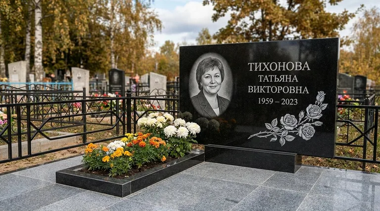 Памятник с гравировкой роз — выполненная работа «Тихонова» в Мурманске
