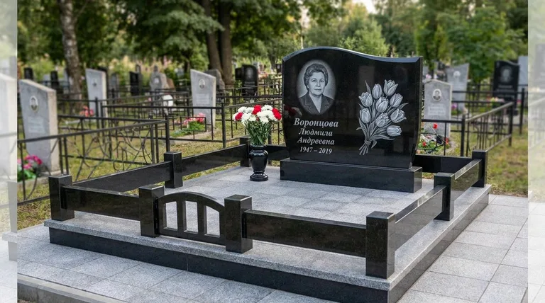 Памятник с гравировкой тюльпанов — выполненная работа «Воронцова» в Мурманске