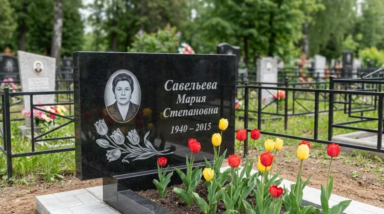 Памятник с гравировкой тюльпанов — выполненная работа «Савельева» в Мурманске