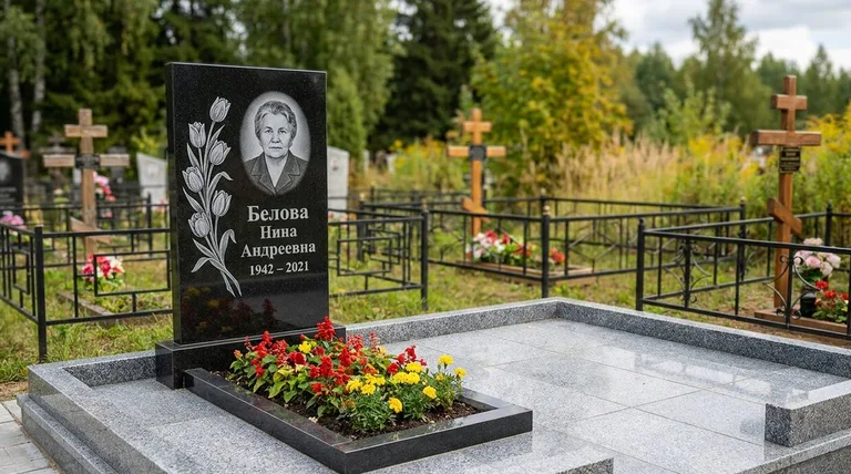 Памятник с гравировкой тюльпанов — выполненная работа «Белова» в Мурманске