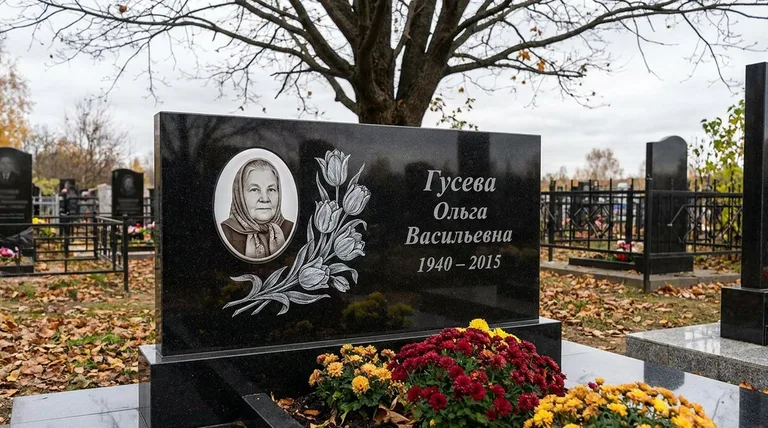Памятник с гравировкой тюльпанов — выполненная работа «Гусева» в Мурманске