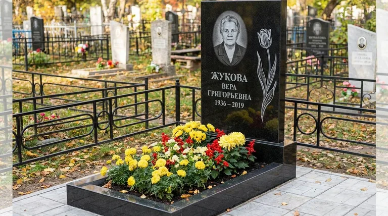 Памятник с гравировкой тюльпанов — выполненная работа «Жукова» в Мурманске