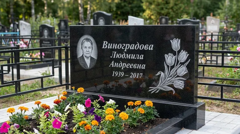 Памятник с гравировкой тюльпанов — выполненная работа «Виноградова» в Мурманске