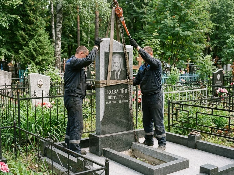 Демонтаж памятника на кладбище в Мурманске — бригада аккуратно снимает старый гранитный памятник с могилы