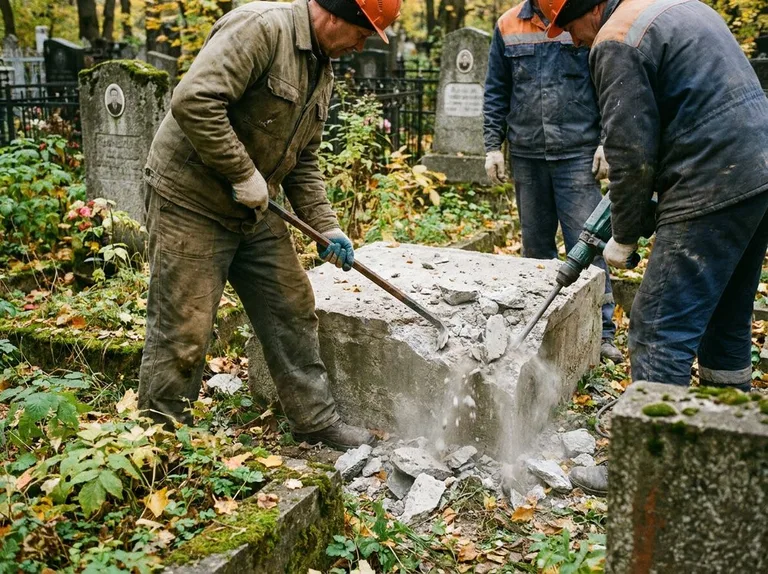 Демонтаж бетонного цоколя и тумбы памятника в Мурманске