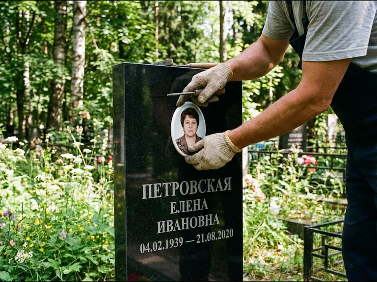 Фото на керамике на памятник в Мурманске — мастер устанавливает овальный керамический портрет на гранитный памятник