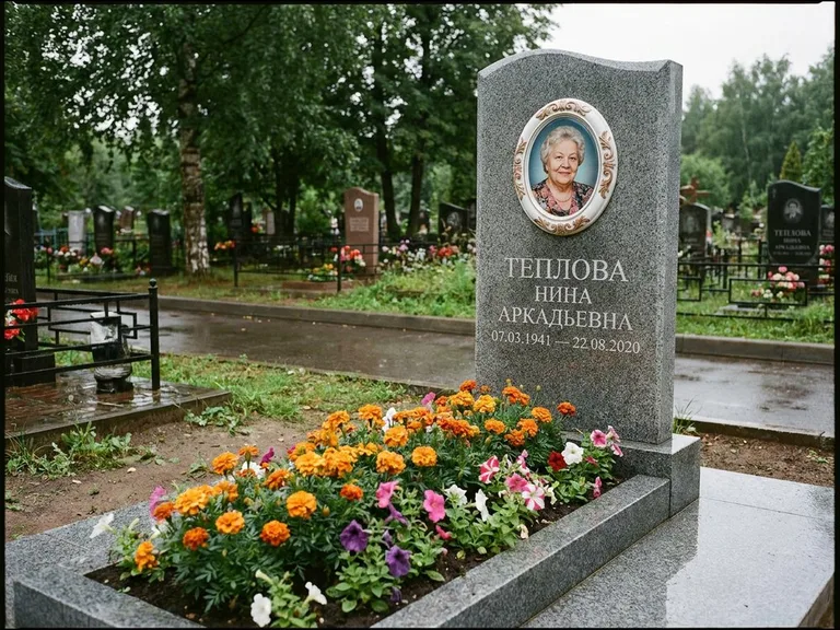 Керамический портрет на памятнике с цветами в Мурманске