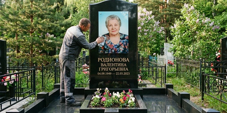 Фотокерамика и печать фото на памятник в Мурманске — мастер устанавливает цветной портрет на стекле на гранитный памятник