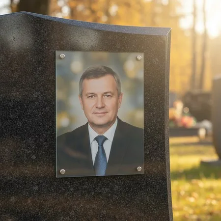 Портрет на стекле на держателях на чёрном граните в Мурманске