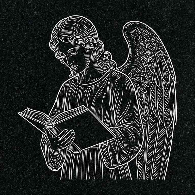Эскиз гравировки ангела на памятник — ангел с раскрытой книгой в Мурманске