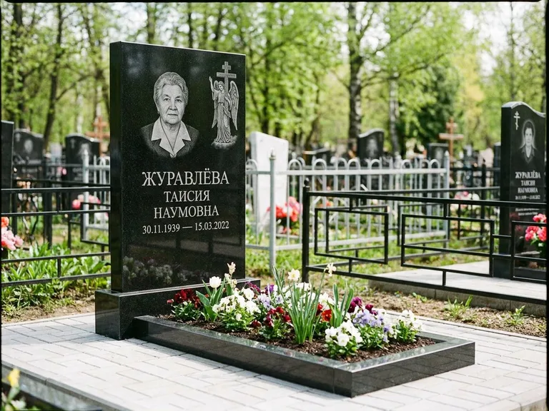 Памятник с гравировкой ангела — гравировка ангела с голубем по диагонали стелы, работа «Журавлёва» в Мурманске