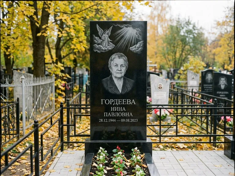 Памятник с гравировкой ангела — гравировка ангела в облаках с лучами над портретом, работа «Гордеева» в Мурманске