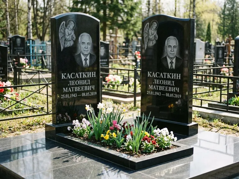 Памятник с гравировкой ангела — гравировка молящегося ангела в верхней части стелы, работа «Касаткин» в Мурманске