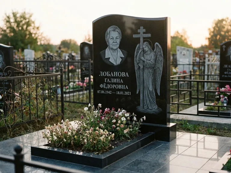 Памятник с гравировкой ангела — гравировка ангела с крестом рядом с эпитафией, работа «Лобанова» в Мурманске
