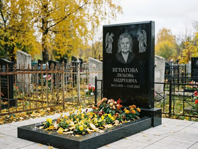 Памятник с гравировкой ангела — гравировка двух ангелов по сторонам портрета, работа «Игнатова» в Мурманске