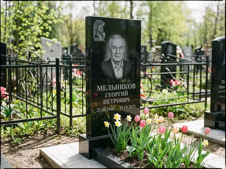 Памятник с гравировкой ангела — гравировка ангела с голубем по диагонали стелы, работа «Доронин» в Мурманске