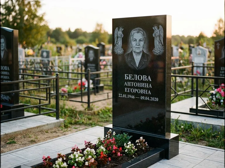 Памятник с гравировкой ангела — белая гравировка скорбящего ангела над портретом, работа «Журавлёва» в Мурманске
