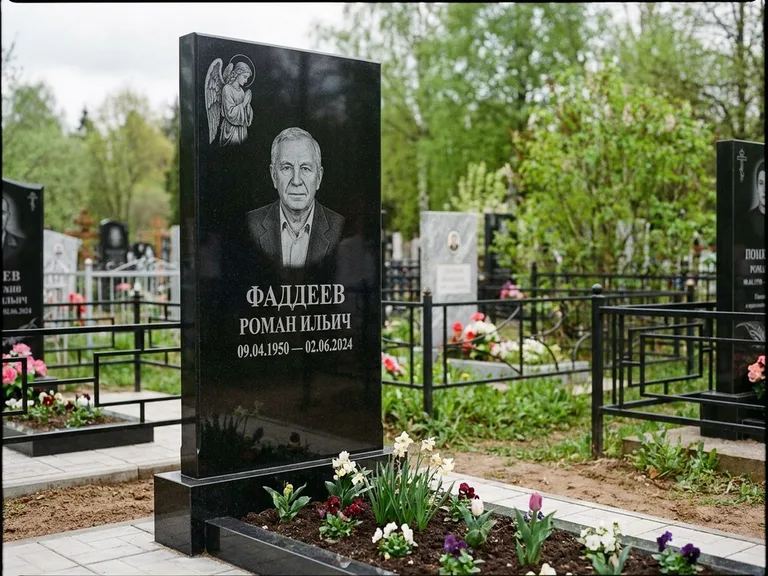 Памятник с гравировкой ангела — гравировка молящегося ангела в верхней части стелы, работа «Фаддеев» в Мурманске
