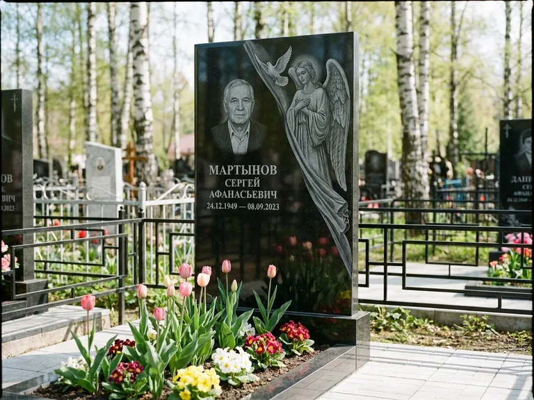 Памятник с гравировкой ангела — гравировка двух ангелов по сторонам портрета, работа «Касаткин» в Мурманске