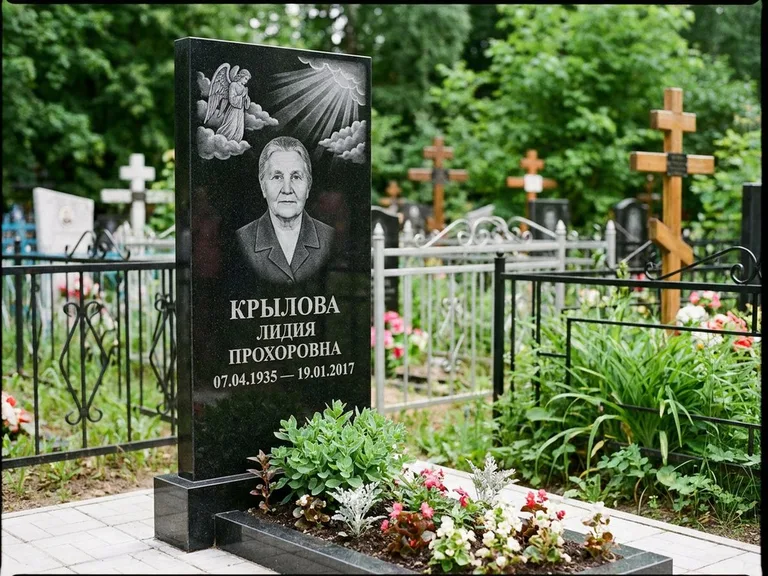 Памятник с гравировкой ангела — гравировка ангела в облаках с лучами над портретом, работа «Лобанова» в Мурманске