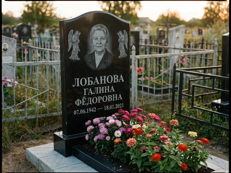 Памятник с гравировкой ангела — гравировка двух ангелов по сторонам портрета, работа «Лобанова» в Мурманске