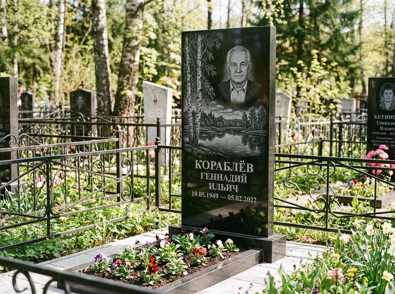Памятник с гравировкой берёзы — гравировка берёзы у зеркального озера, работа «Кораблёв» в Мурманске