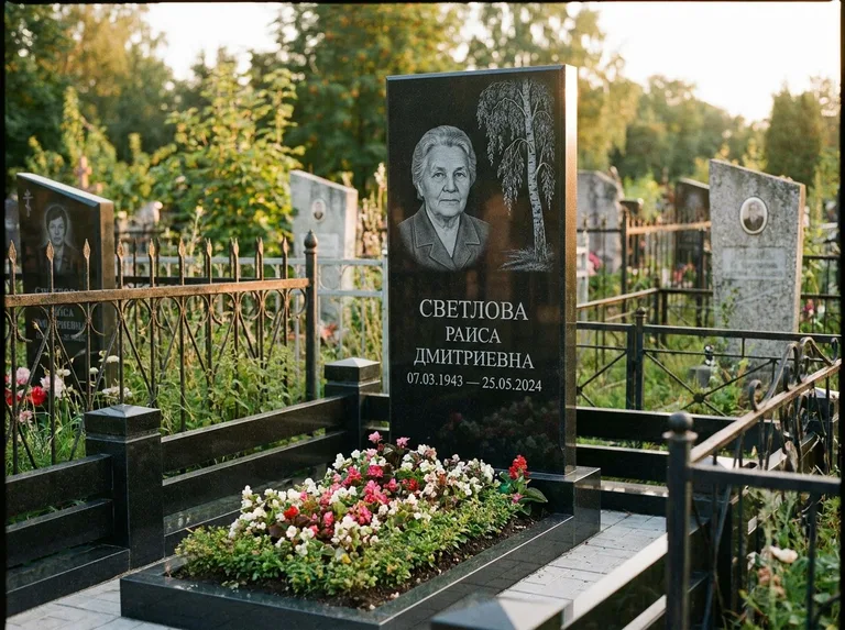 Памятник с гравировкой берёзы — гравировка плакучей берёзы с тонкими ветвями, работа «Светлова» в Мурманске