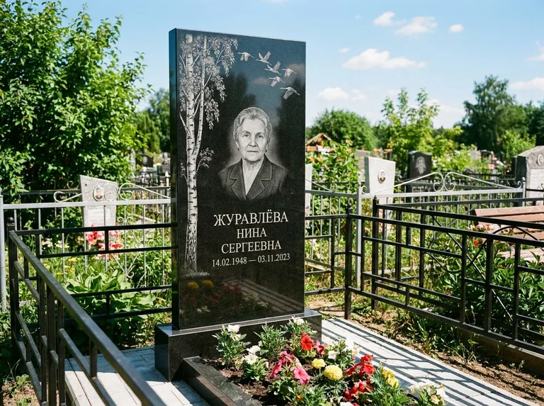 Памятник с гравировкой берёзы — гравировка берёзы с журавлиным клином в небе, работа «Журавлёва» в Мурманске