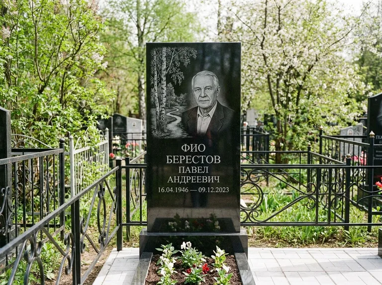 Памятник с гравировкой берёзы — гравировка берёзы у тропинки, уходящей вдаль, работа «Берестов» в Мурманске