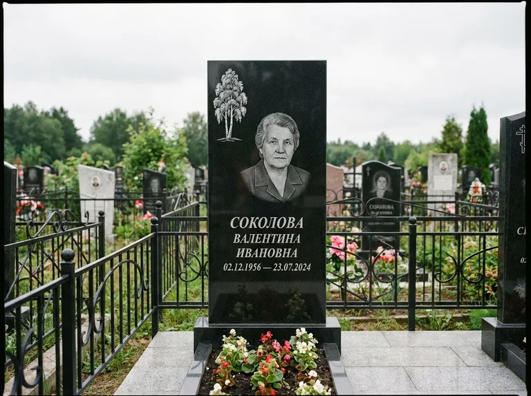 Памятник с гравировкой берёзы — гравировка одинокой берёзы над именем, работа «Соколова» в Мурманске