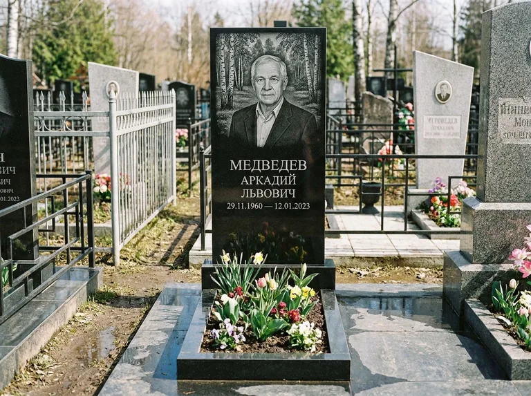 Памятник с гравировкой берёзы — гравировка берёзовой рощи в глубину, работа «Медведев» в Мурманске