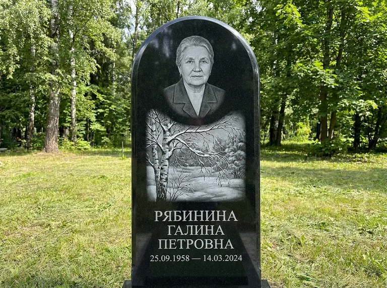 Памятник с гравировкой берёзы: стела с плавным арочным верхом — зимняя берёза, снег на ветвях, газон без ограды, стриженая трава, работа «Рябинина» в Мурманске