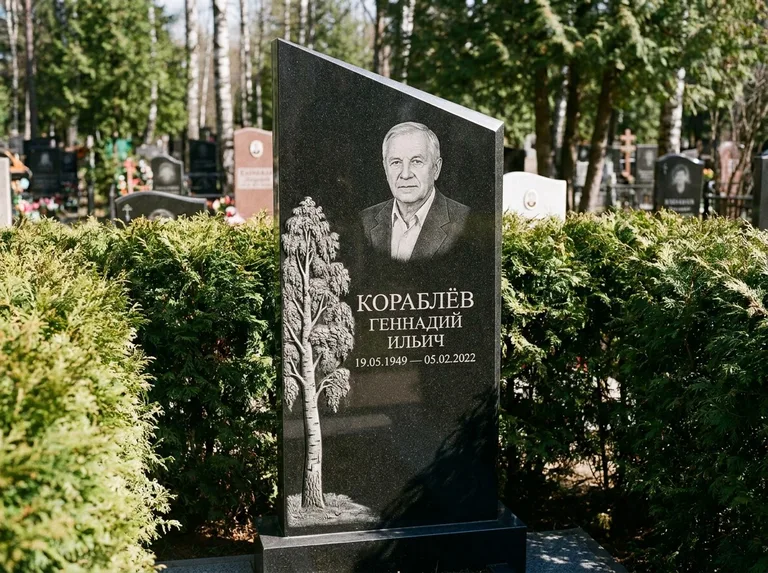 Памятник с гравировкой берёзы: асимметричная скошенная стела — объёмная одинокая берёза с фактурной корой, живая изгородь из туи, работа «Кораблёв» в Мурманске