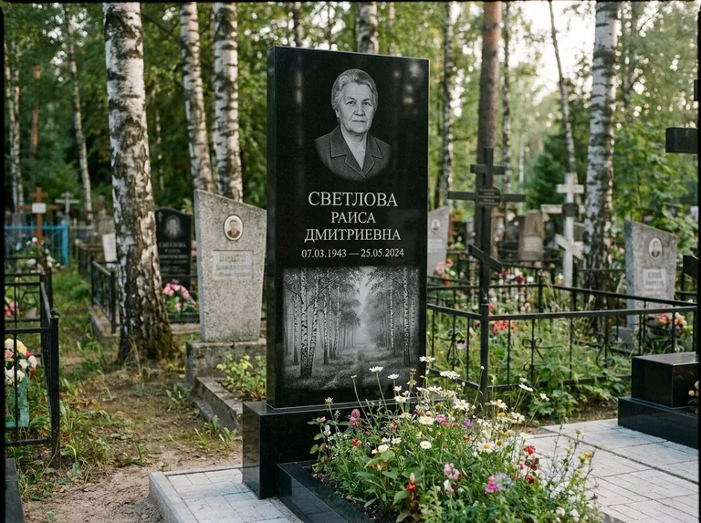 Памятник с гравировкой берёзы: двойная семейная стела — берёзовая роща в лёгкой дымке, цветник с полевыми цветами, работа «Светлова» в Мурманске