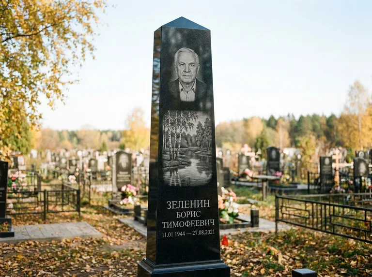 Памятник с гравировкой берёзы: гранёный обелиск-колонна — берёза у воды с отражением, открытый участок, мягкий свет, работа «Зеленин» в Мурманске