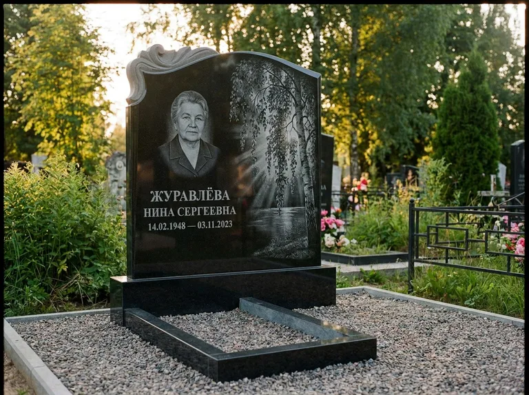 Памятник с гравировкой берёзы: стела с фигурным резным верхом — плакучая берёза в контровом свете, гравийная отсыпка, рассвет, работа «Журавлёва» в Мурманске