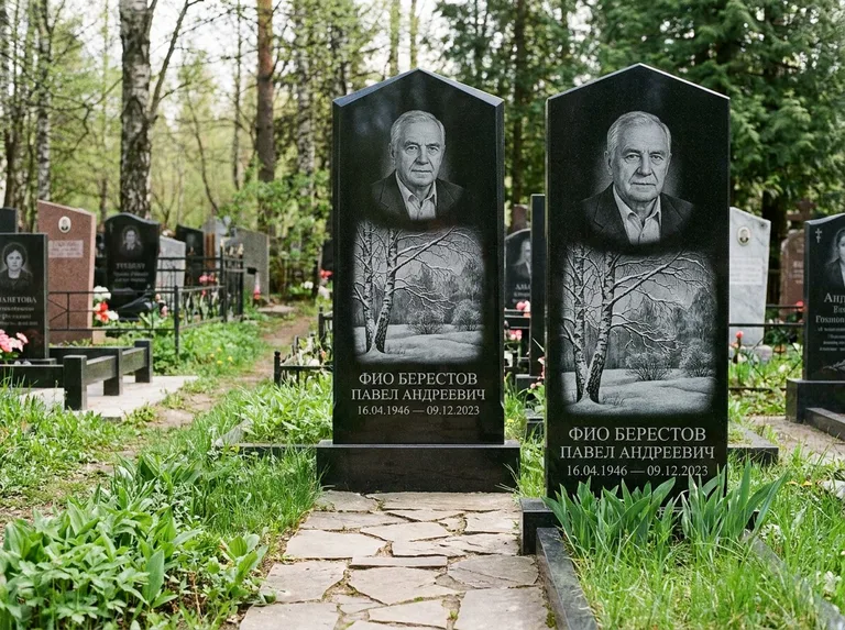 Памятник с гравировкой берёзы: массивная стела с двускатным навершием — зимняя берёза, снег на ветвях, дорожка из природного плитняка, работа «Берестов» в Мурманске