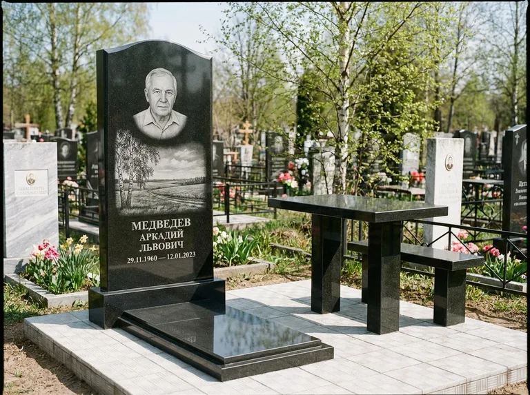 Памятник с гравировкой берёзы: стела с гранитным столиком и скамьёй — берёза у поля, простор до горизонта, семейный участок с плиткой, работа «Медведев» в Мурманске