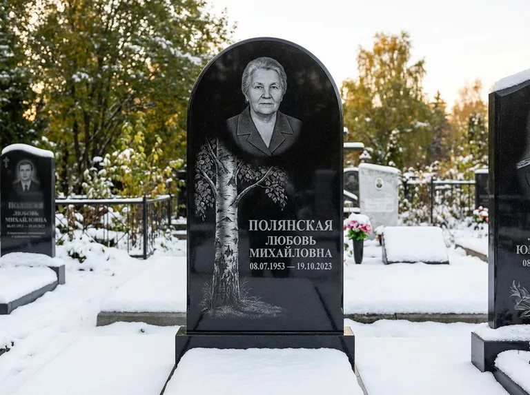Памятник с гравировкой берёзы: полукруглая стела — объёмная одинокая берёза с фактурной корой, заснеженный зимний участок, работа «Полянская» в Мурманске