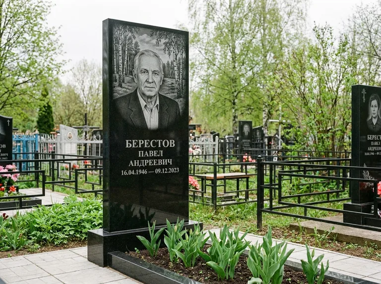 Памятник с гравировкой берёзы — гравировка берёзовой рощи в глубину, работа «Берестов» в Мурманске