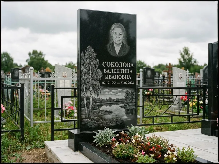 Памятник с гравировкой берёзы — гравировка берёзы у зеркального озера, работа «Соколова» в Мурманске
