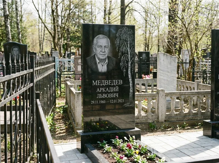 Памятник с гравировкой берёзы — гравировка плакучей берёзы с тонкими ветвями, работа «Медведев» в Мурманске