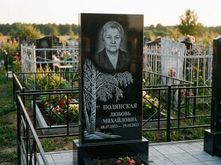 Памятник с гравировкой берёзы — гравировка зимней берёзы в инее, работа «Полянская» в Мурманске