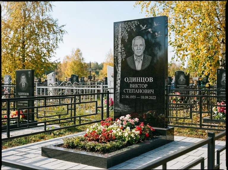 Памятник с гравировкой берёзы — гравировка берёзы с журавлиным клином в небе, работа «Одинцов» в Мурманске