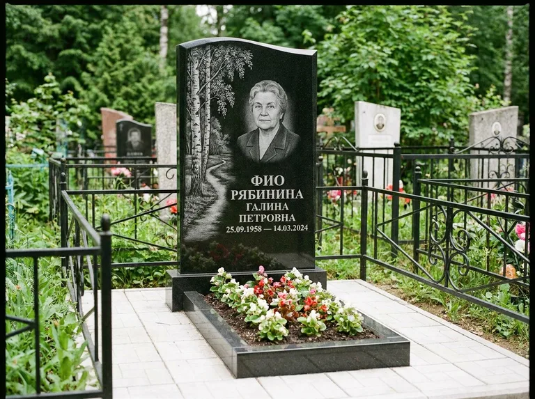 Памятник с гравировкой берёзы — гравировка берёзы у тропинки, уходящей вдаль, работа «Рябинина» в Мурманске