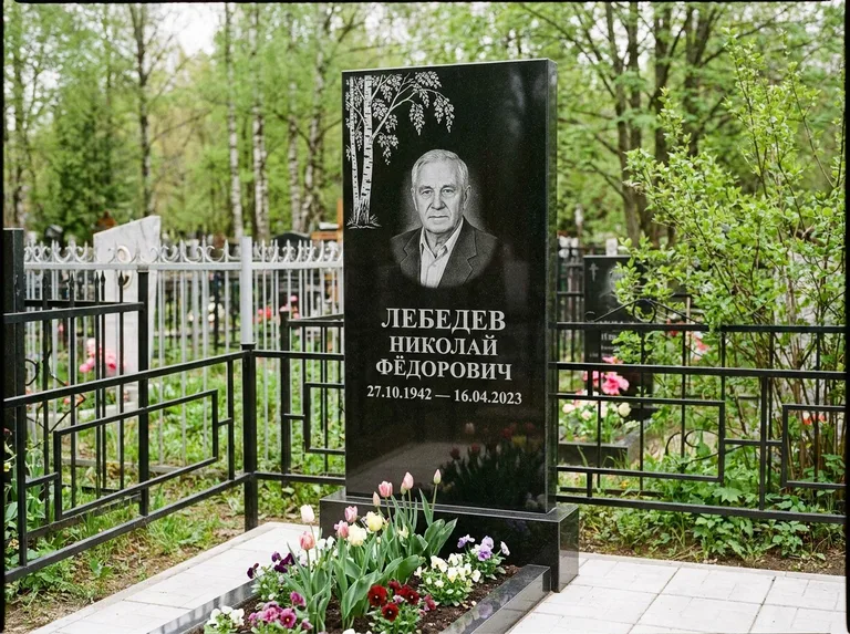 Памятник с гравировкой берёзы — гравировка одинокой берёзы над именем, работа «Лебедев» в Мурманске